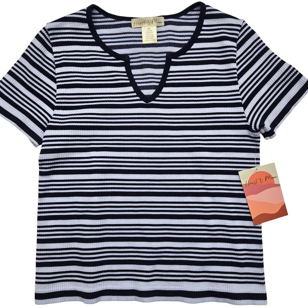 Heart & Moon Womens Ribbed Striped Short Sleeve Split Neck Top Blue Medium